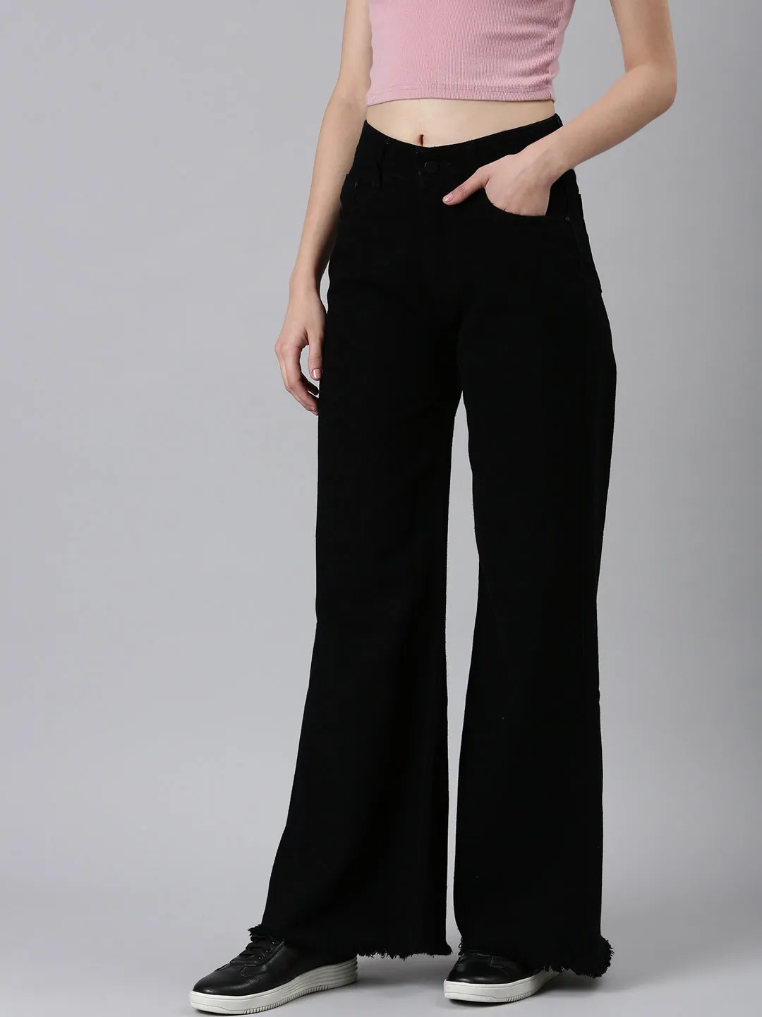 All Round Wear Women's Black Solid Wide Leg Denim Jeans