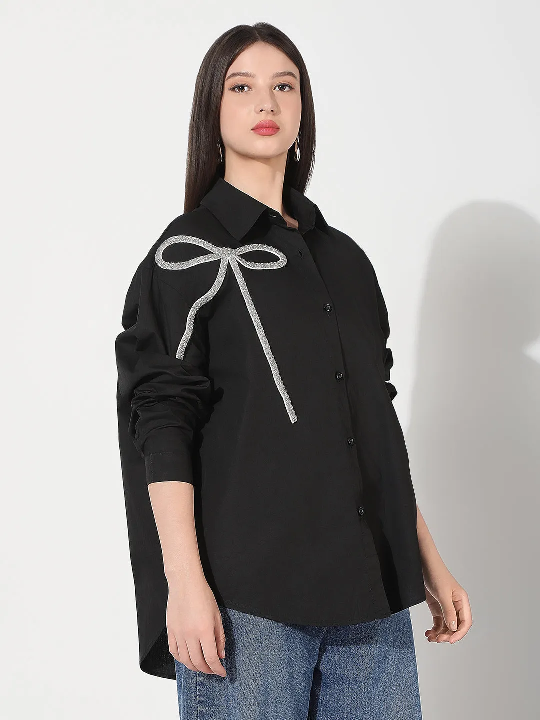 Women's Black Spread Collar Oversized Shirts Minimalist Aesthetic
