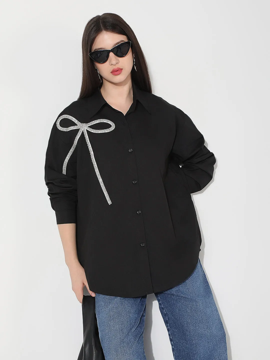 Gym clothing Trendy popularity Women's Black Spread Collar Oversized Shirts