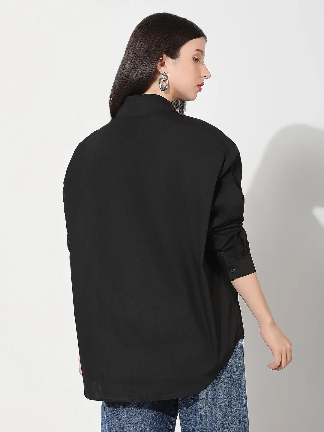 Women's Black Spread Collar Oversized Shirts Quick Fit Design