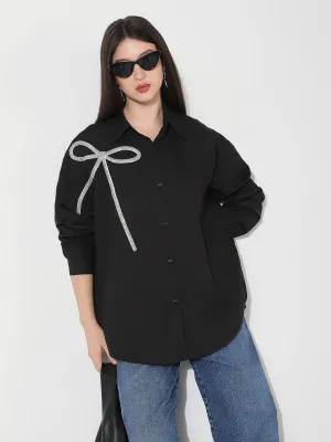 Gym clothing Trendy popularity Women's Black Spread Collar Oversized Shirts