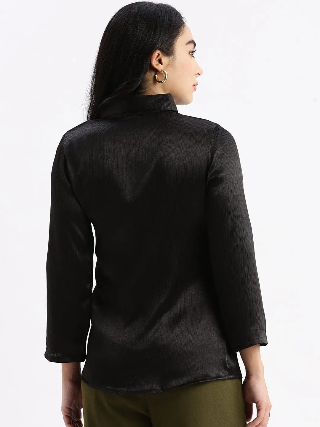 Women's Black Standard Slim Fit Opaque Casual Shirt Work efficiency Curved Hemline