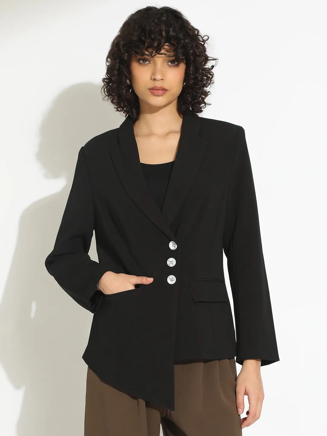 Women??s Black Tailored Asymmetric Hem Blazer with Contrast Buttons Reinforced Seam Construction Weatherproof Shell