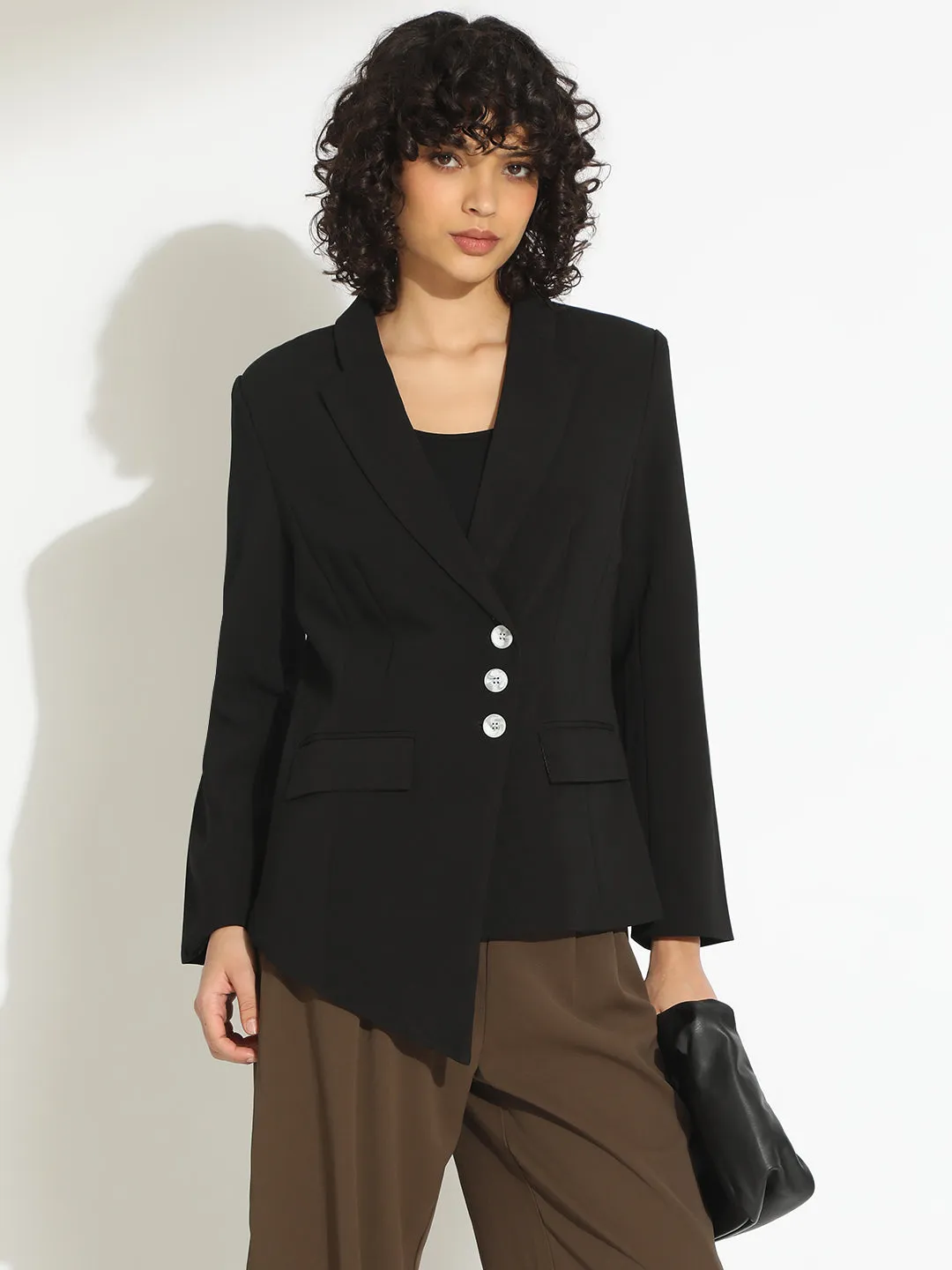 Women??s Black Tailored Asymmetric Hem Blazer with Contrast Buttons NoiseReduciting Fabric