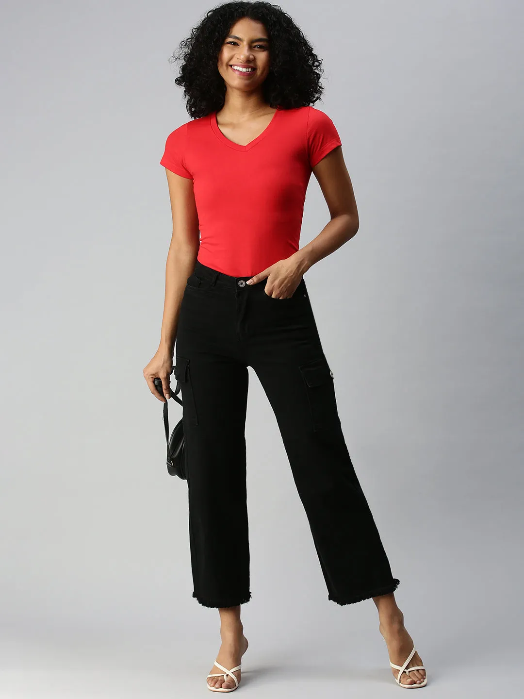 Balanced Look Neat And Easy Women's Black Wide Leg High-Rise Stretchable Jeans