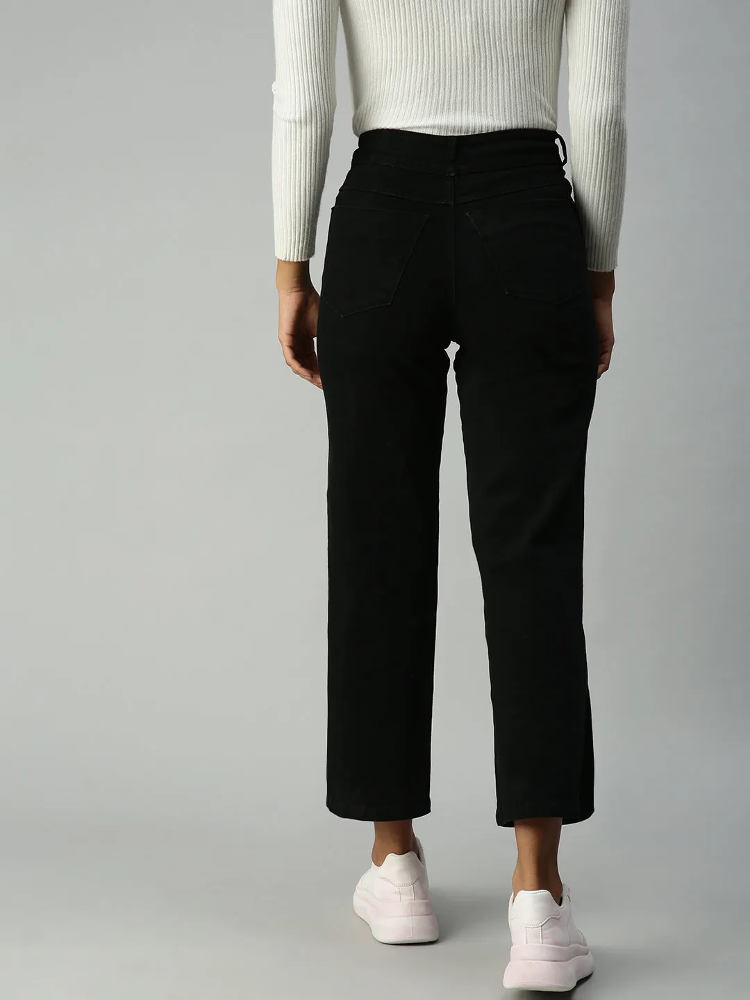 Women's Black Wide Leg High-Rise Stretchable Jeans With Belt Modern Comfort Basic Fashion