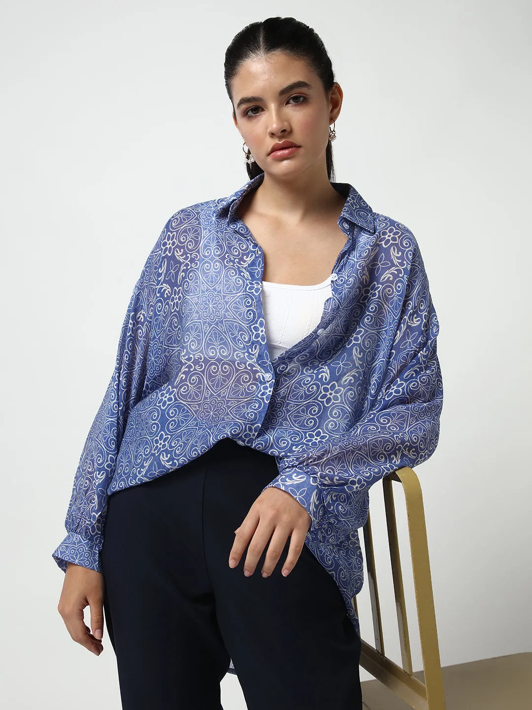 Women's Blue Comfort Semi Sheer Printed Casual Shirt Perfect for Travel Classic Cut