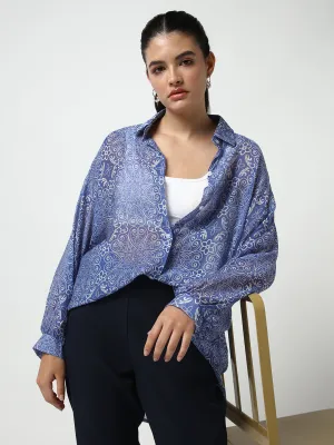 Women's Blue Comfort Semi Sheer Printed Casual Shirt Perfect for Travel Classic Cut