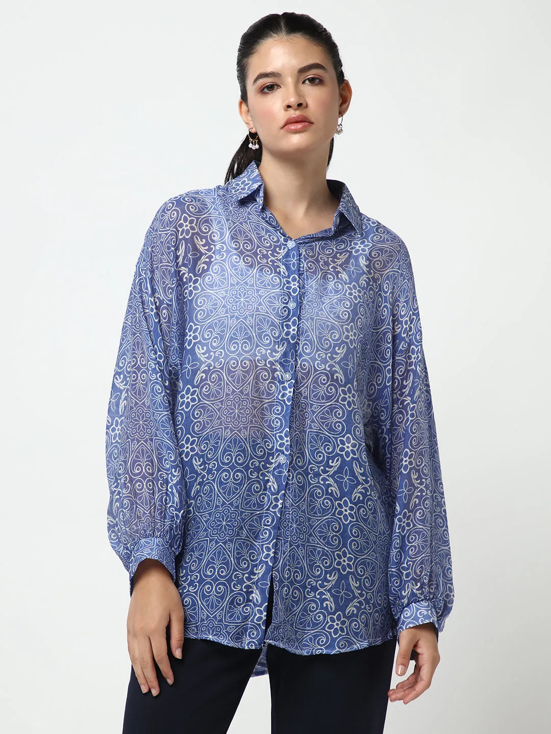 sporty and comfortable Women's Blue Comfort Semi Sheer Printed Casual Shirt