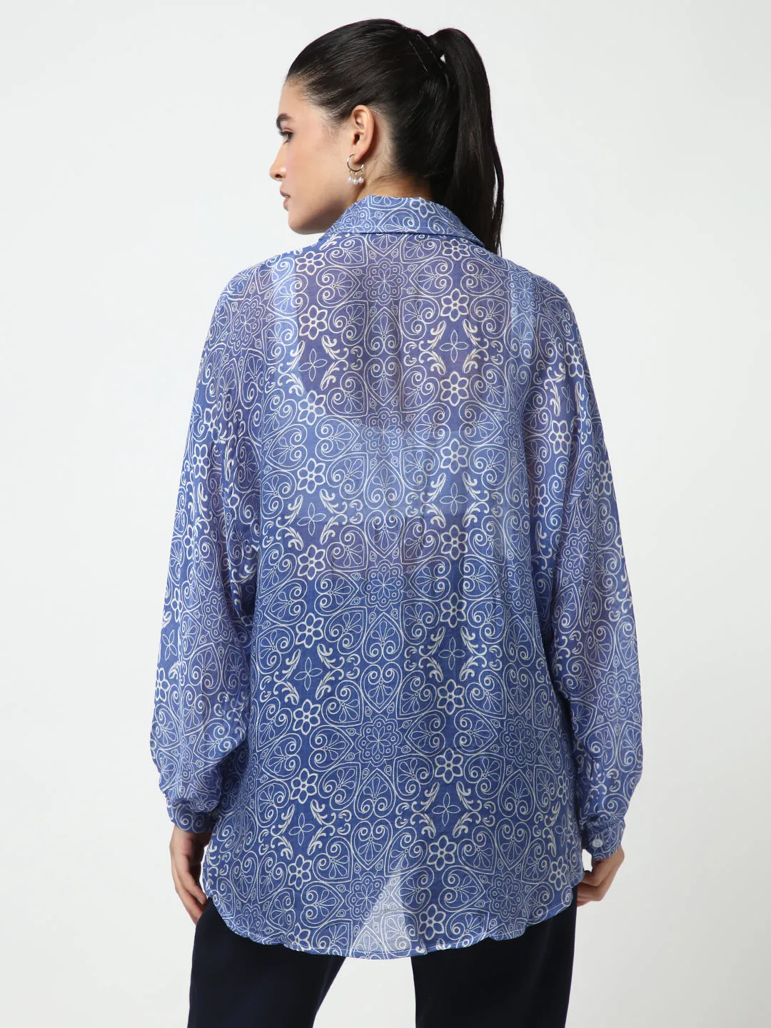 Versatile Comfort Style Women's Blue Comfort Semi Sheer Printed Casual Shirt