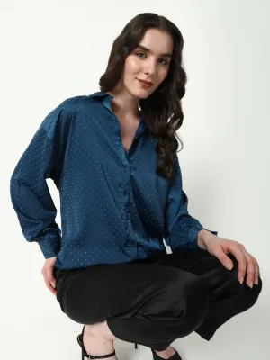 Women's Blue Comfort Spread Collar Micro Ditsy Printed Satin Relaxed Fit Casual Shirt Chic Outfit Breathable Design