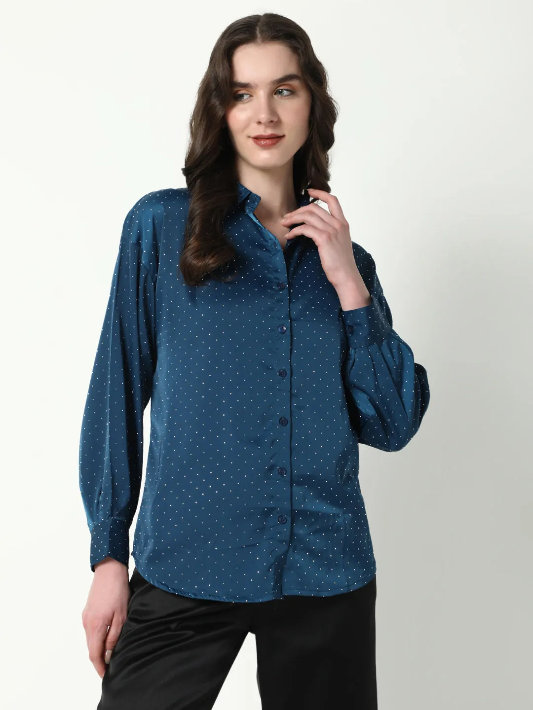 Comfy Fit Layer Women's Blue Comfort Spread Collar Micro Ditsy Printed Satin Relaxed Fit Casual Shirt