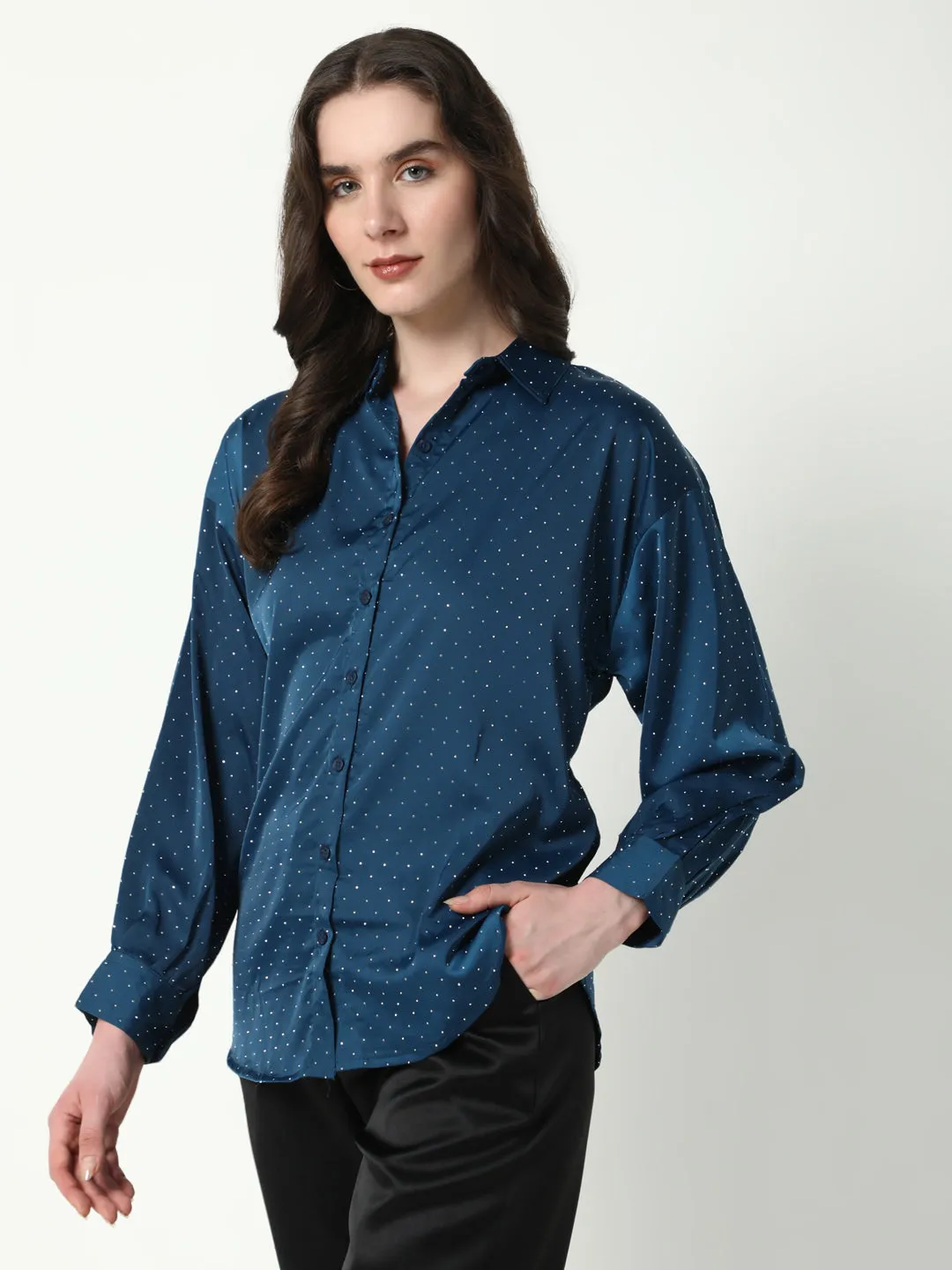 MultipurposeUse SoftenedNeckline Women's Blue Comfort Spread Collar Micro Ditsy Printed Satin Relaxed Fit Casual Shirt