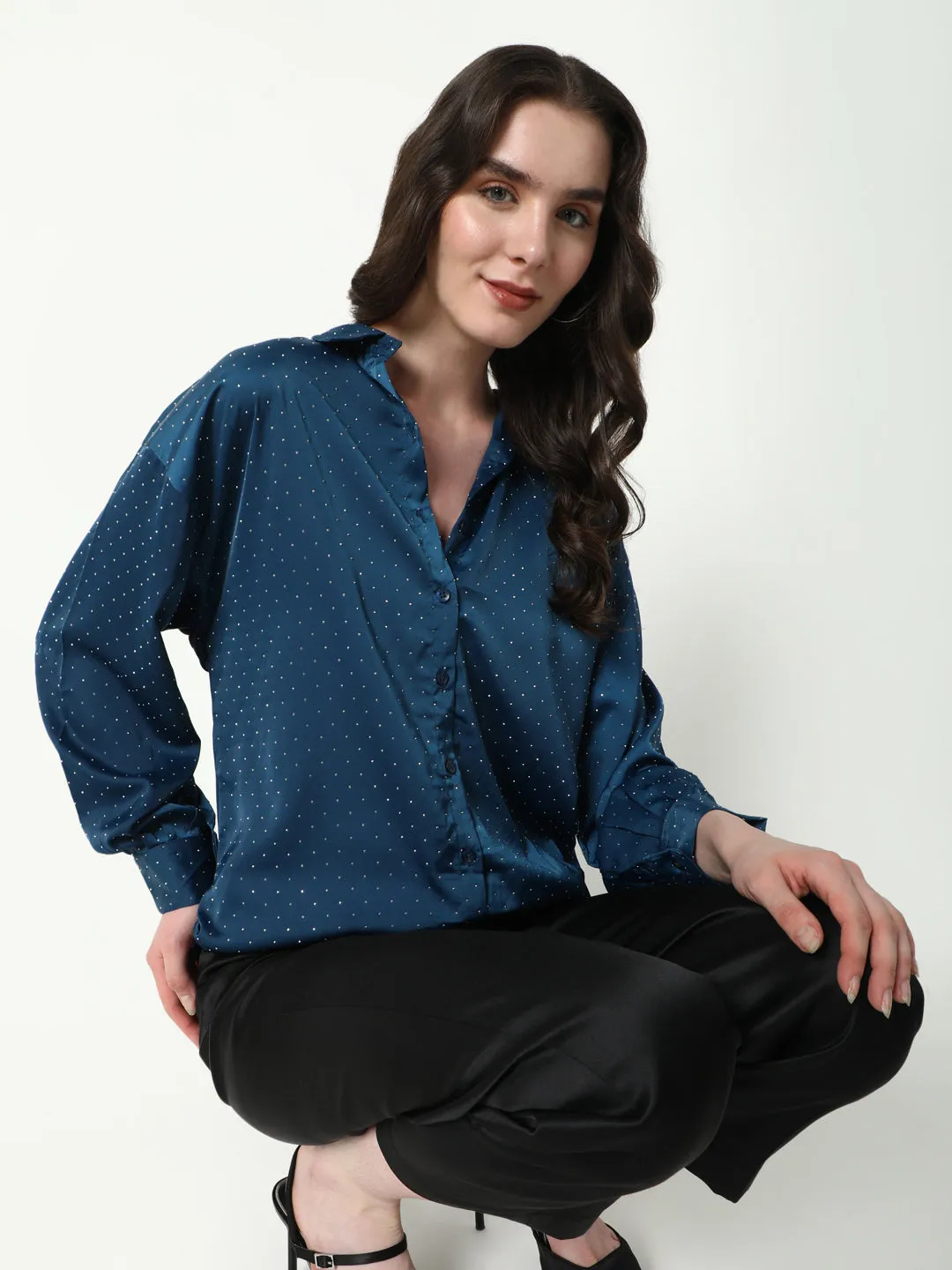 Women's Blue Comfort Spread Collar Micro Ditsy Printed Satin Relaxed Fit Casual Shirt Chic Outfit Breathable Design