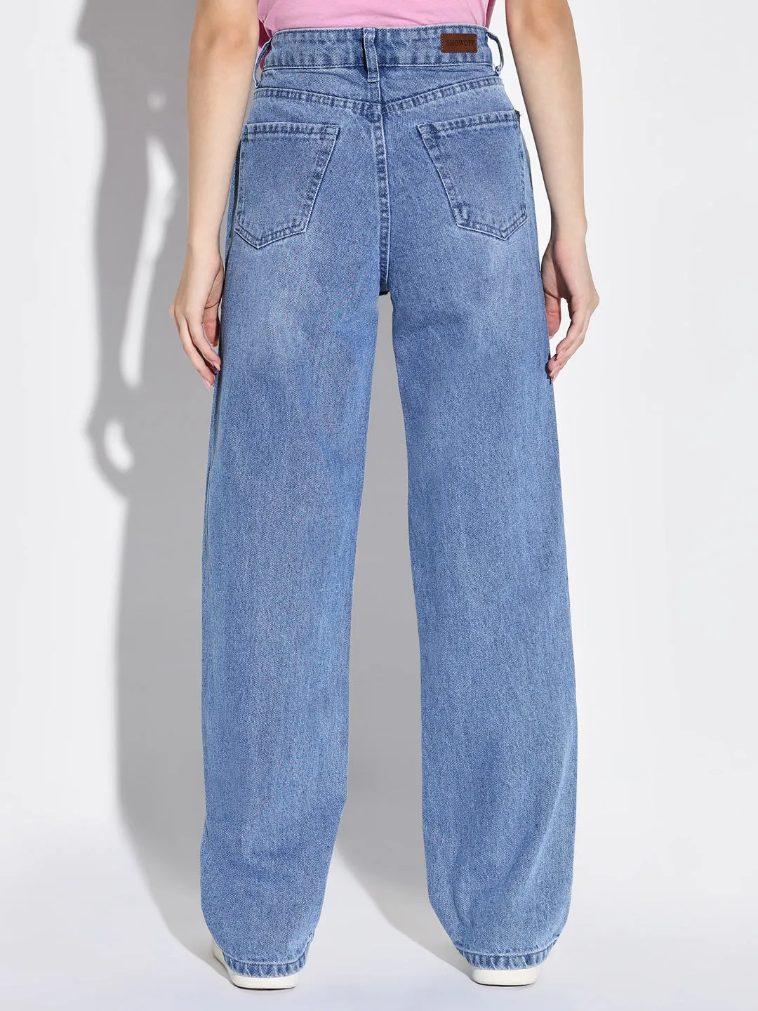 Women's Blue Comfort Wide Leg Highly Distressed Light Fade Acid Wash Stretchable Jeans Flexible Style Active Comfort