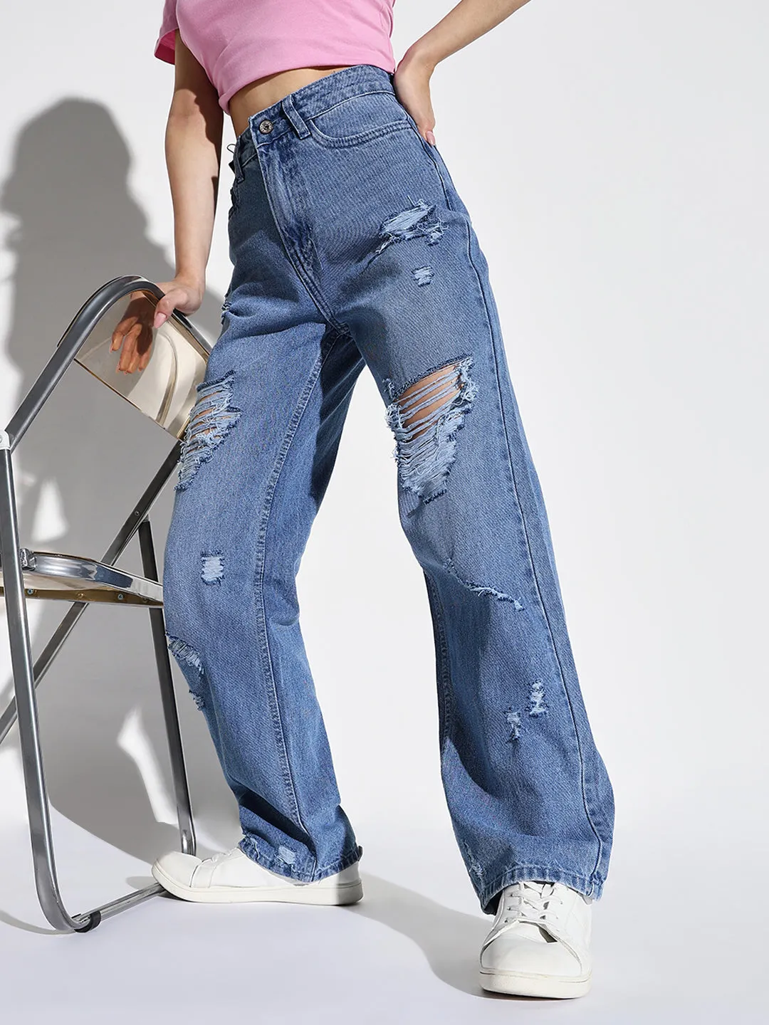 Base Look Bootcut style Women's Blue Comfort Wide Leg Highly Distressed Light Fade Jeans