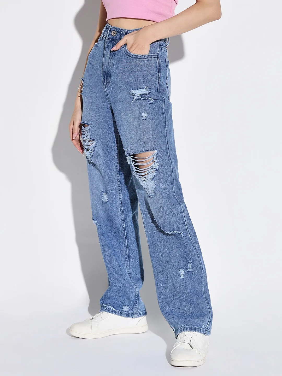 Women's Blue Comfort Wide Leg Highly Distressed Light Fade Jeans Common look