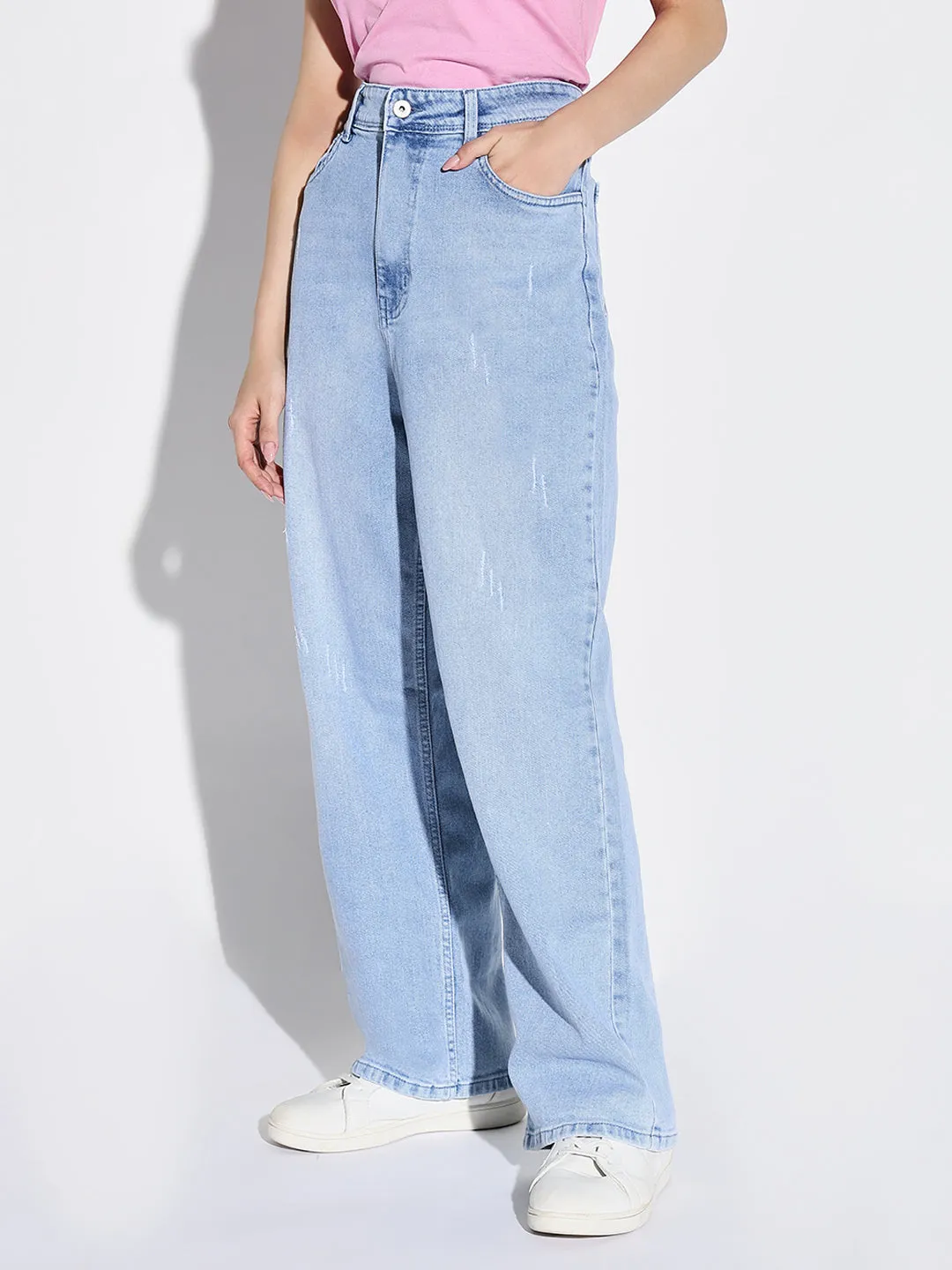 Women's Blue Comfort Wide Leg Light Fade Stretchable Jeans Everyday Look Clean Style