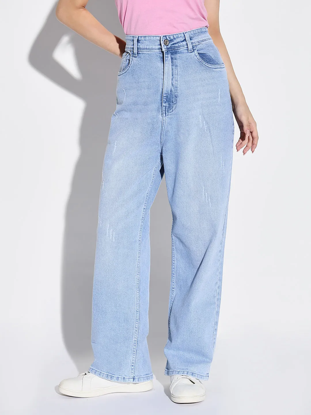 Textured Party Look Soft Women's Blue Comfort Wide Leg Light Fade Stretchable Jeans
