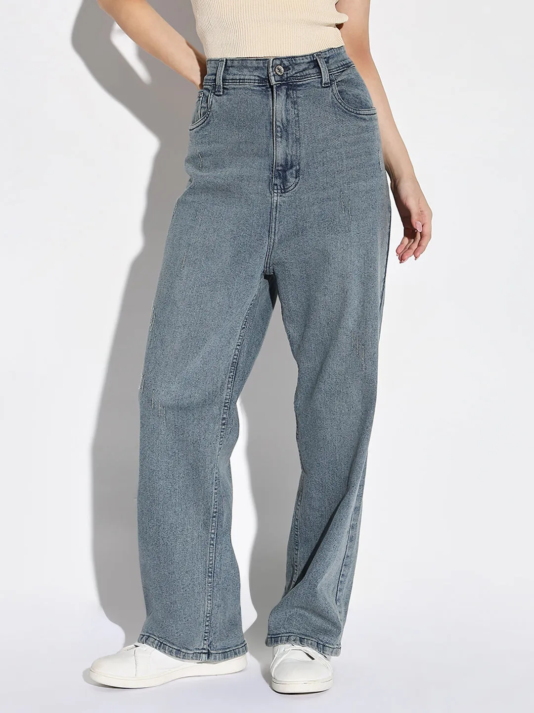 Women's Blue Comfort Wide Leg Low Distress Light Fade Acid Wash Stretchable Jeans Spring Mood Smooth Work Meeting Couple Look Modern