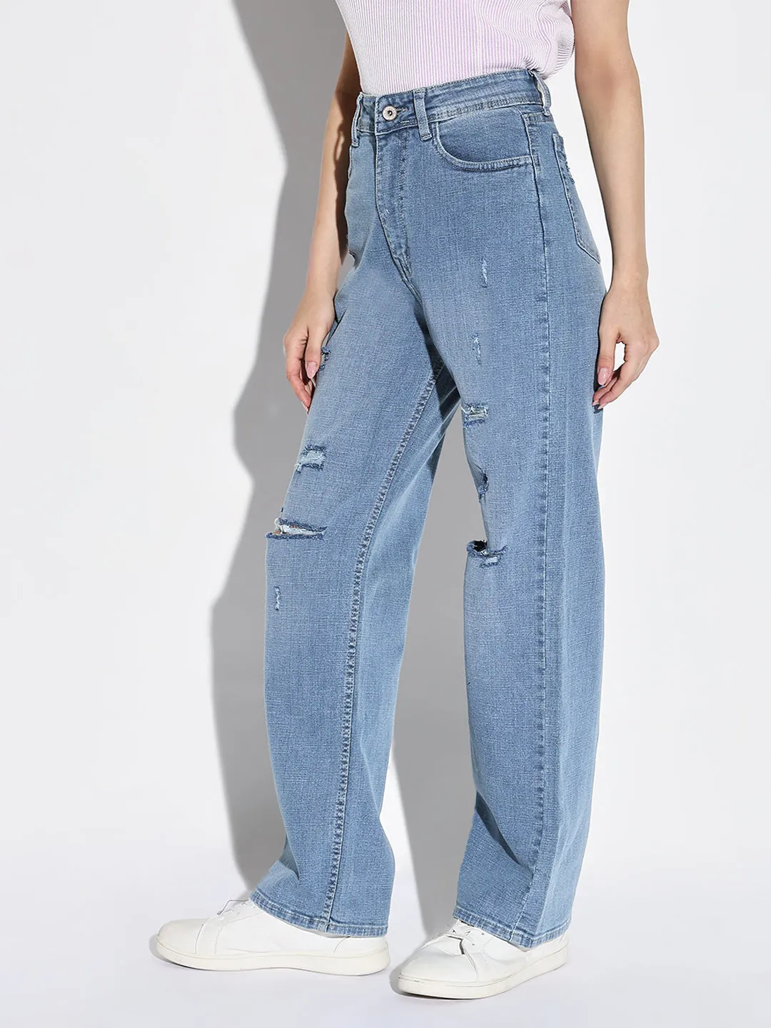 Women's Blue Comfort Wide Leg Slash Knee Heavy Fade Acid Wash Jeans abrasion resistant coating