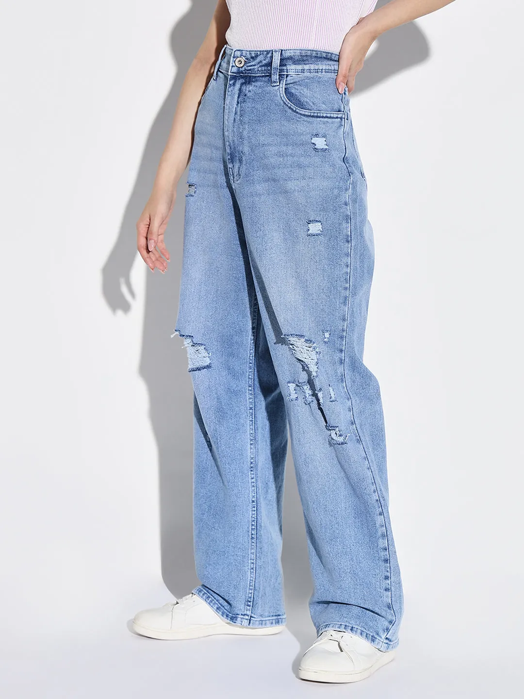 Anti Static Material Blend Unisex Fit Women's Blue Comfort Wide Leg Slash Knee Light Fade Acid Wash Stretchable Jeans