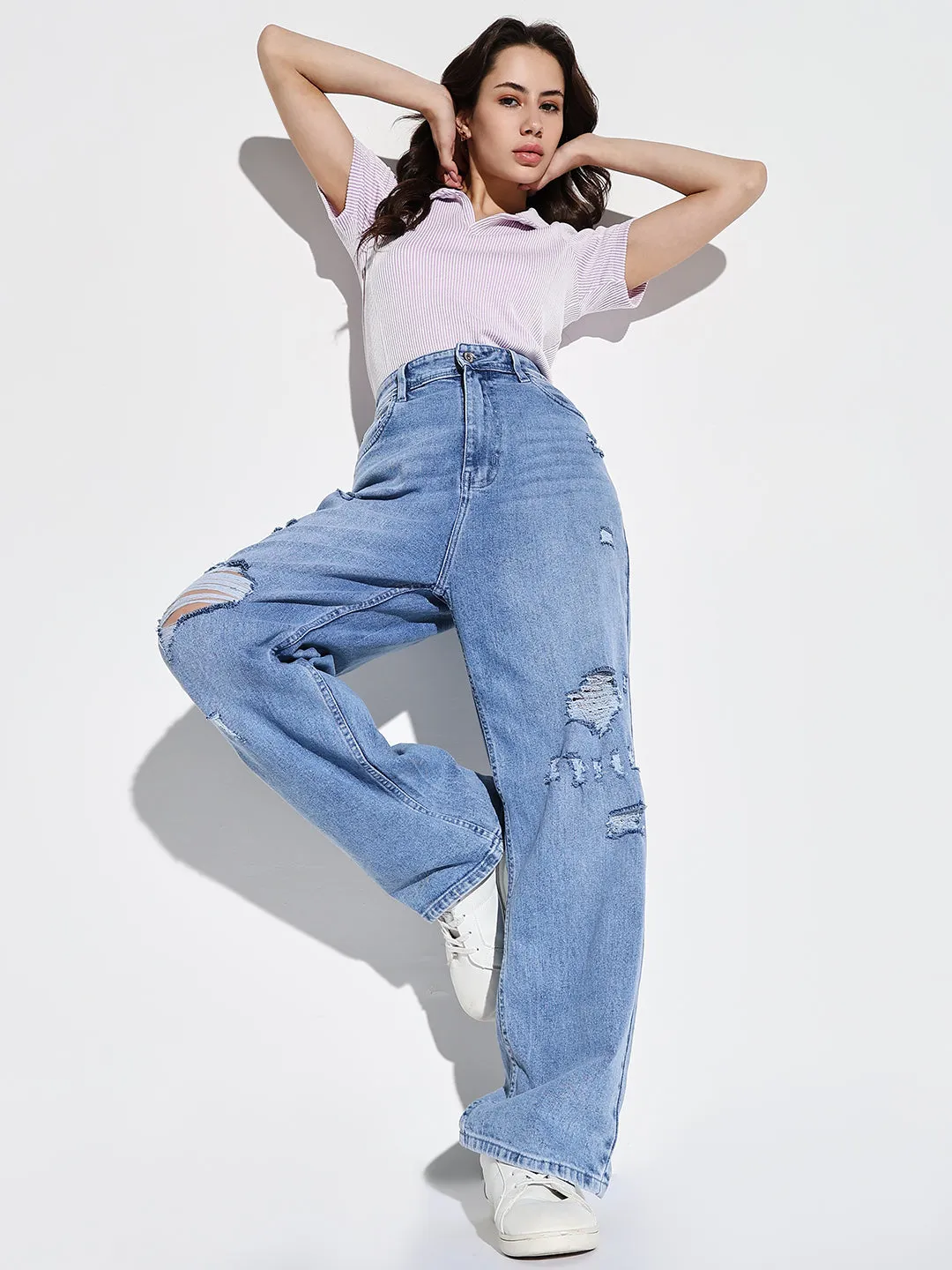 Women's Blue Comfort Wide Leg Slash Knee Light Fade Acid Wash Stretchable Jeans Holiday Vibes Work Ready Unisex Wear Elegant Vintage Lover