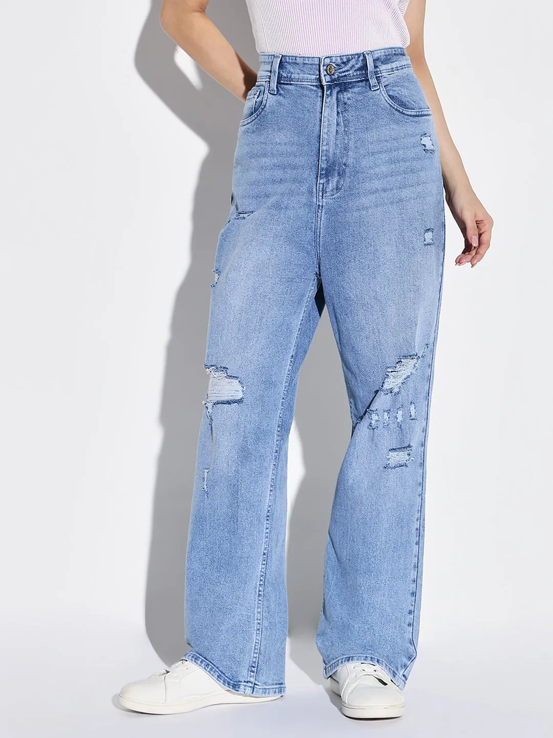 Easy Pair Women's Blue Comfort Wide Leg Slash Knee Light Fade Acid Wash Stretchable Jeans