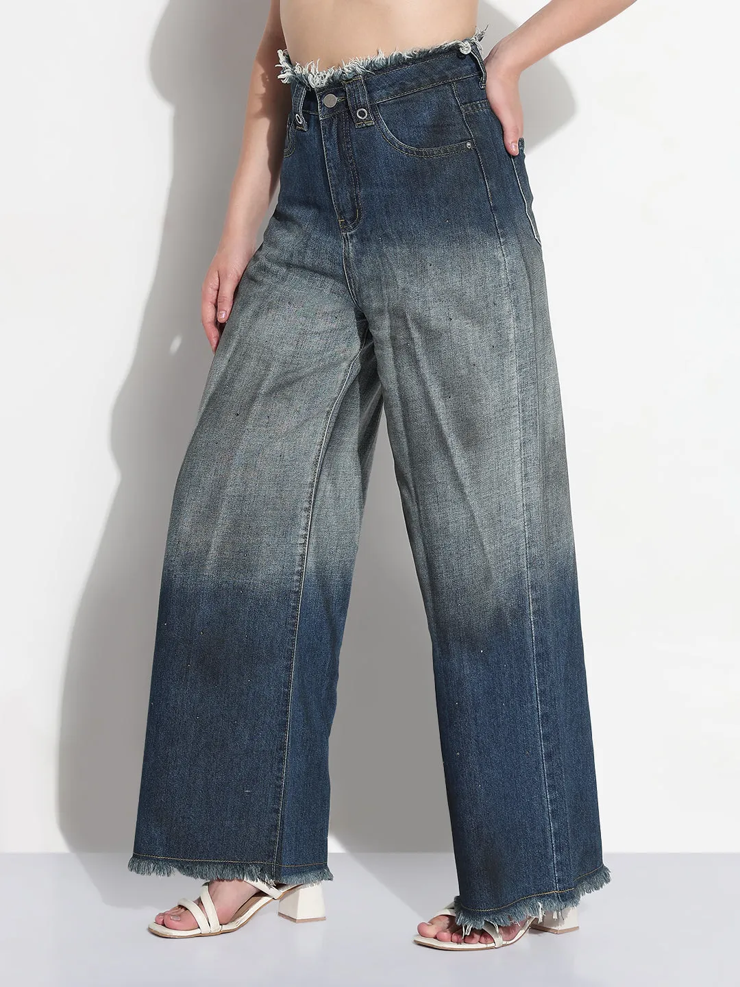 Women's Blue Embellished High Rise Frayed Hem Wide Leg Two-Tone Jeans Go Everywhere