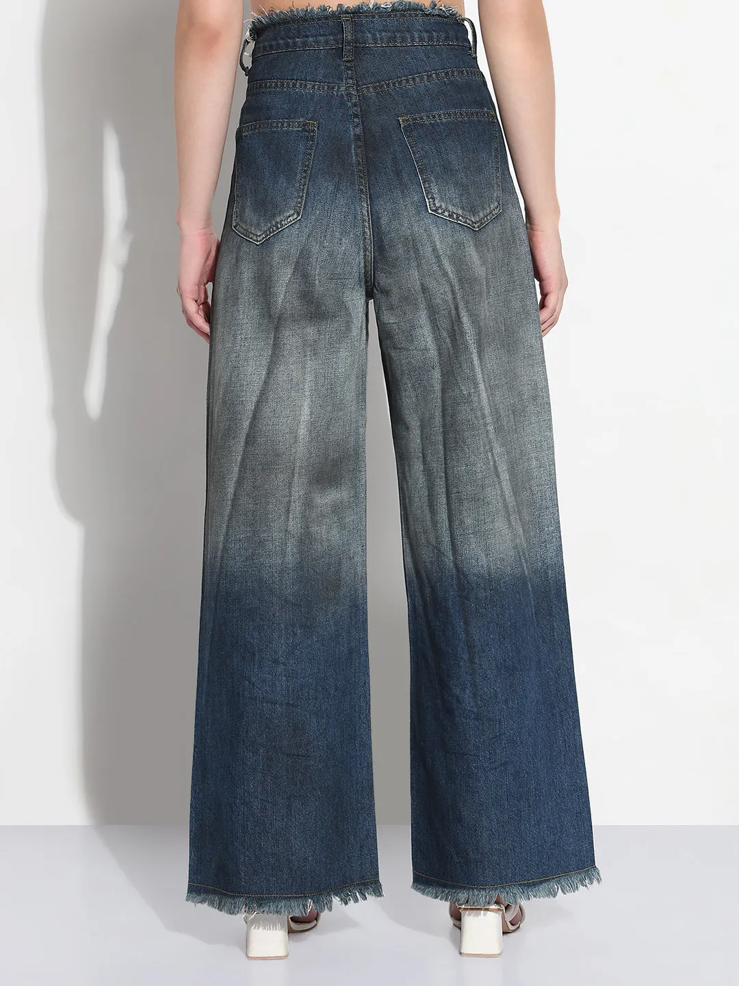 Spring Mood Affordable Compact Weave Technology Women's Blue Embellished High Rise Frayed Hem Wide Leg Two-Tone Jeans