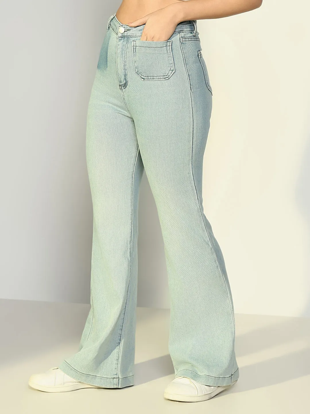 Women's Blue High Rise Flare Fit Jeans with single front Pocket Sleek Shape