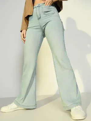 Women's Blue High Rise Flare Fit Jeans with single front Pocket Relaxed Fit Streetwear Fan Minimalist Style