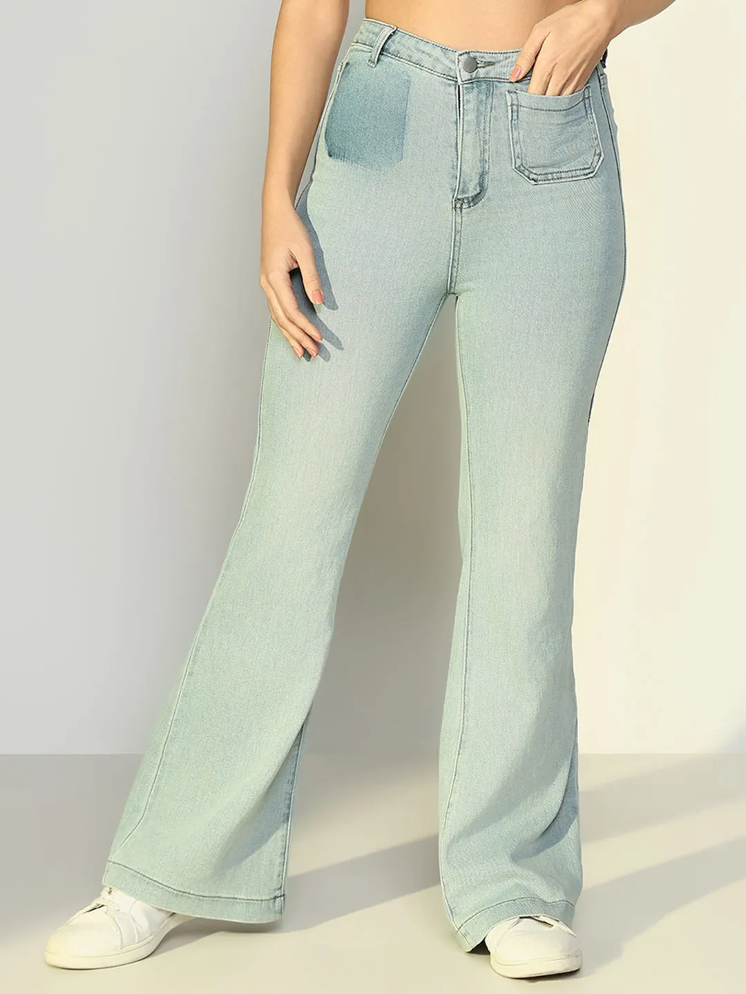 Women's Blue High Rise Flare Fit Jeans with single front Pocket Sleek Waistband