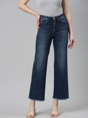 Women's Blue High-Rise Stretchable Frayed Hem Cropped Wide Leg Jeans City Walk Bold Look Timeless Appeal
