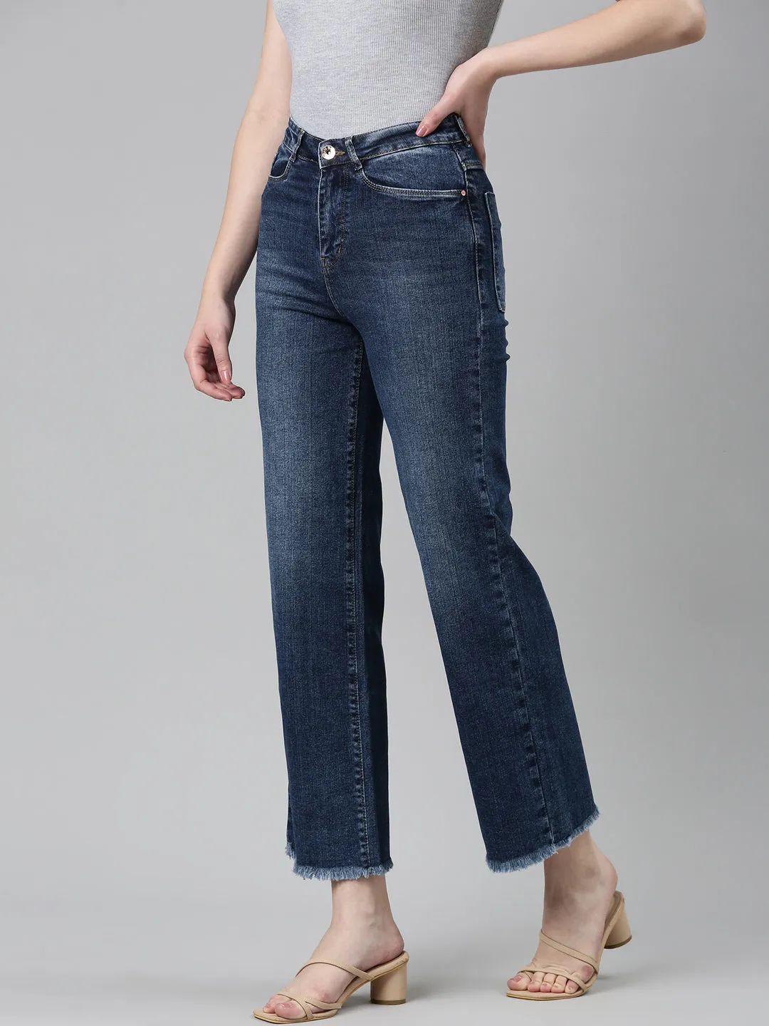 Women's Blue High-Rise Stretchable Frayed Hem Cropped Wide Leg Jeans Comfy Choice Youth Style Office Wear