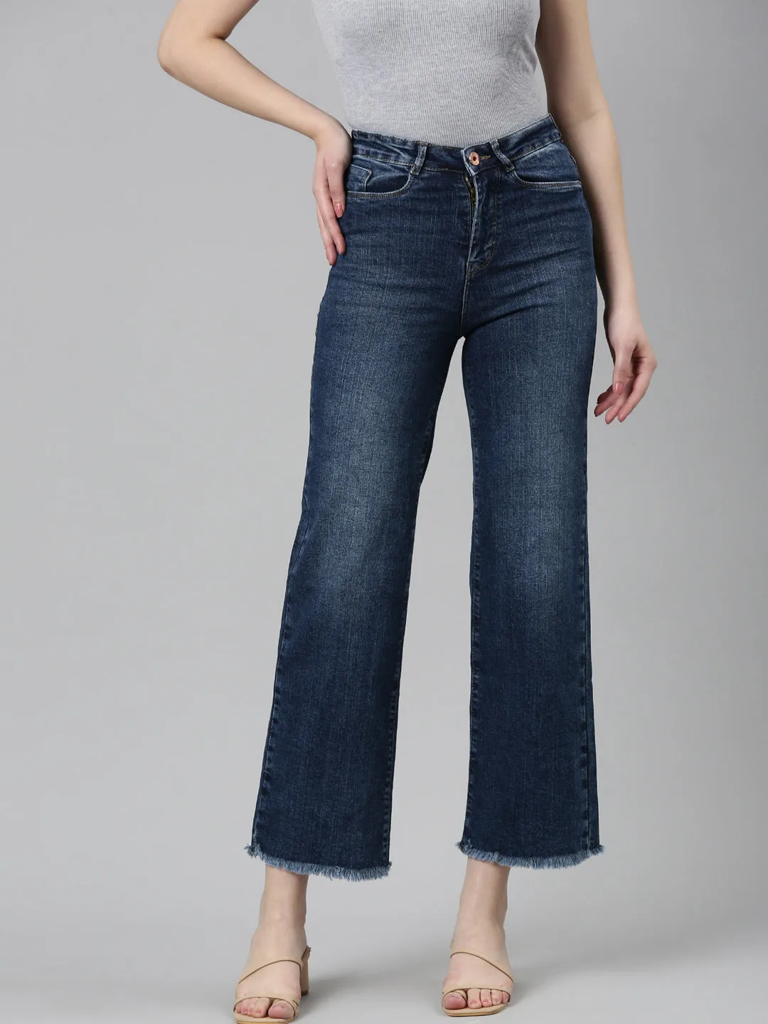 Women's Blue High-Rise Stretchable Frayed Hem Cropped Wide Leg Jeans City Walk Bold Look Timeless Appeal