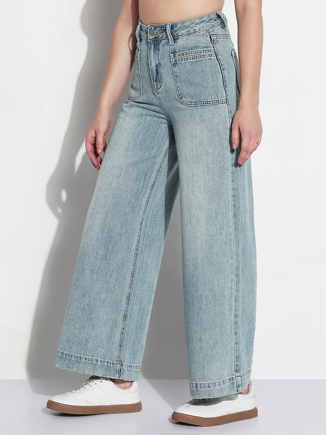 Women's Blue High Rise Wide Leg Jeans Morning Stroll Professional Wear Brunch Outfit