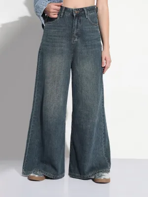 Women's Blue High Rise Wide Leg Jeans Smooth Creative Look Adult Fashion All Around
