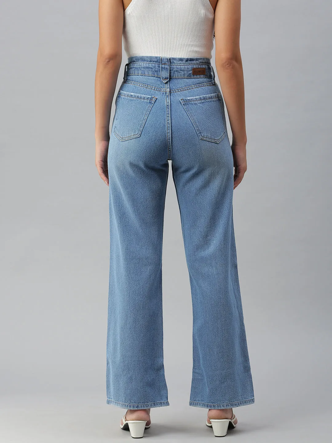 Reinforced Stitching Details Women's Blue Jean Wide Leg High-Rise Jeans