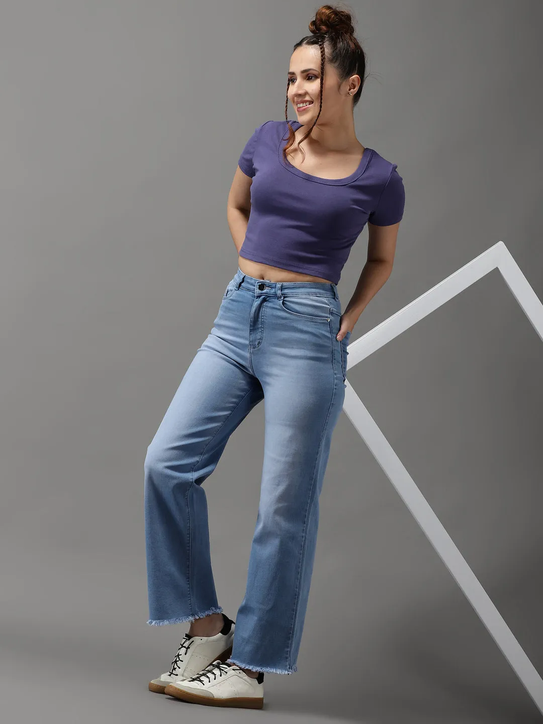 Women's Blue Jean Wide Leg High-Rise Light Fade Stretchable Jeans Clean Shape Relaxed Tailoring