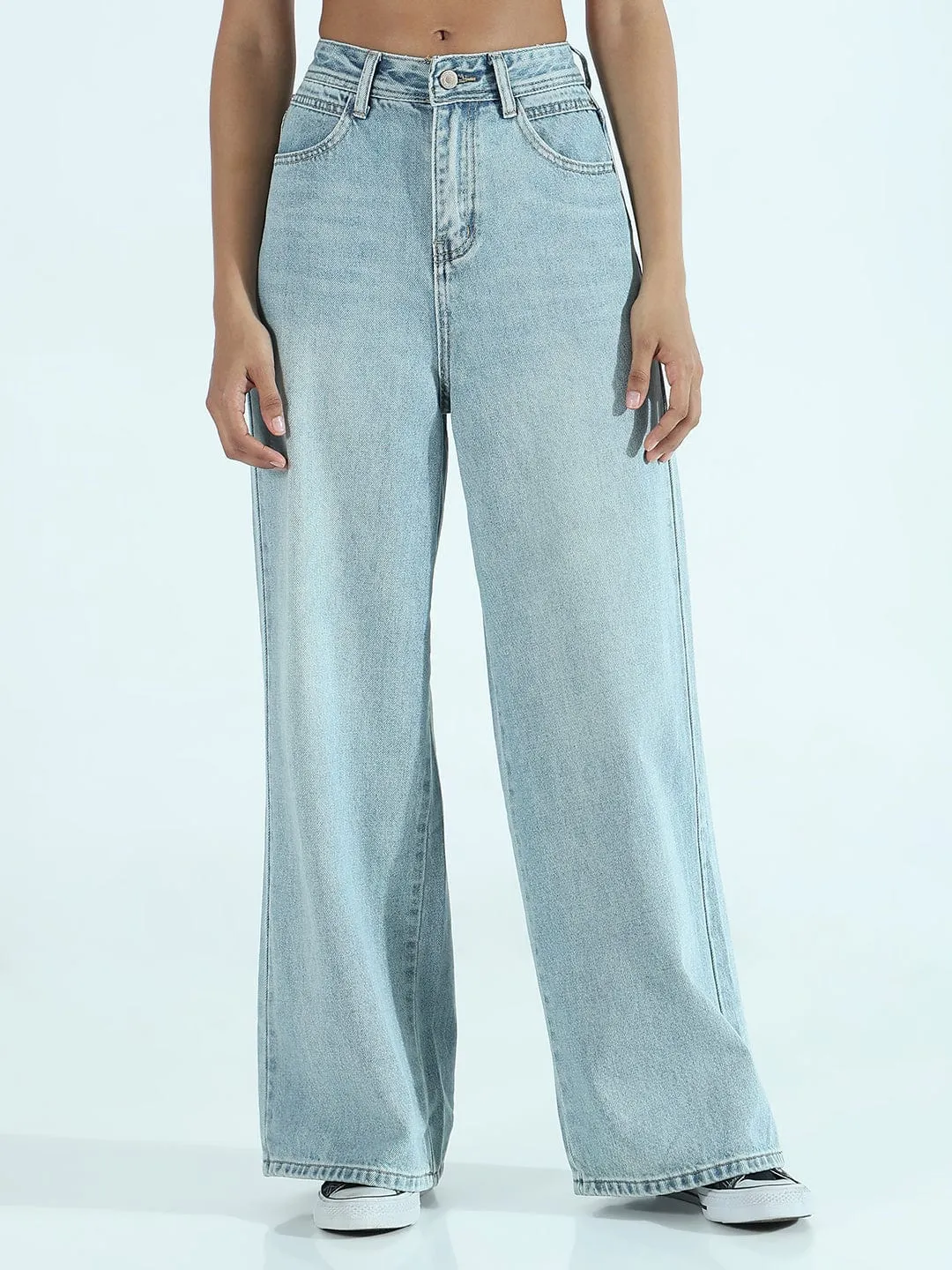 Women's Blue Mid Rise Wide Jeans Relaxed Fit Design
