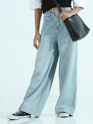 Cool Texture Women's Blue Mid Rise Wide Jeans