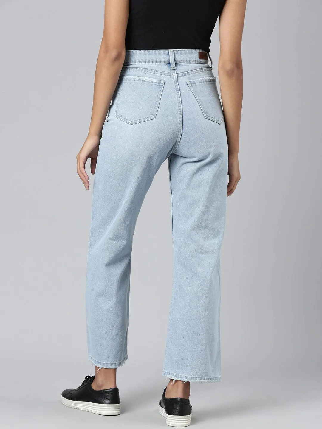 Women's Blue Mid Rise Wide Leg Clean Look Retro Denims Stretchable Jeans Anti Slip Waistband Minimalist Trendy Everyday