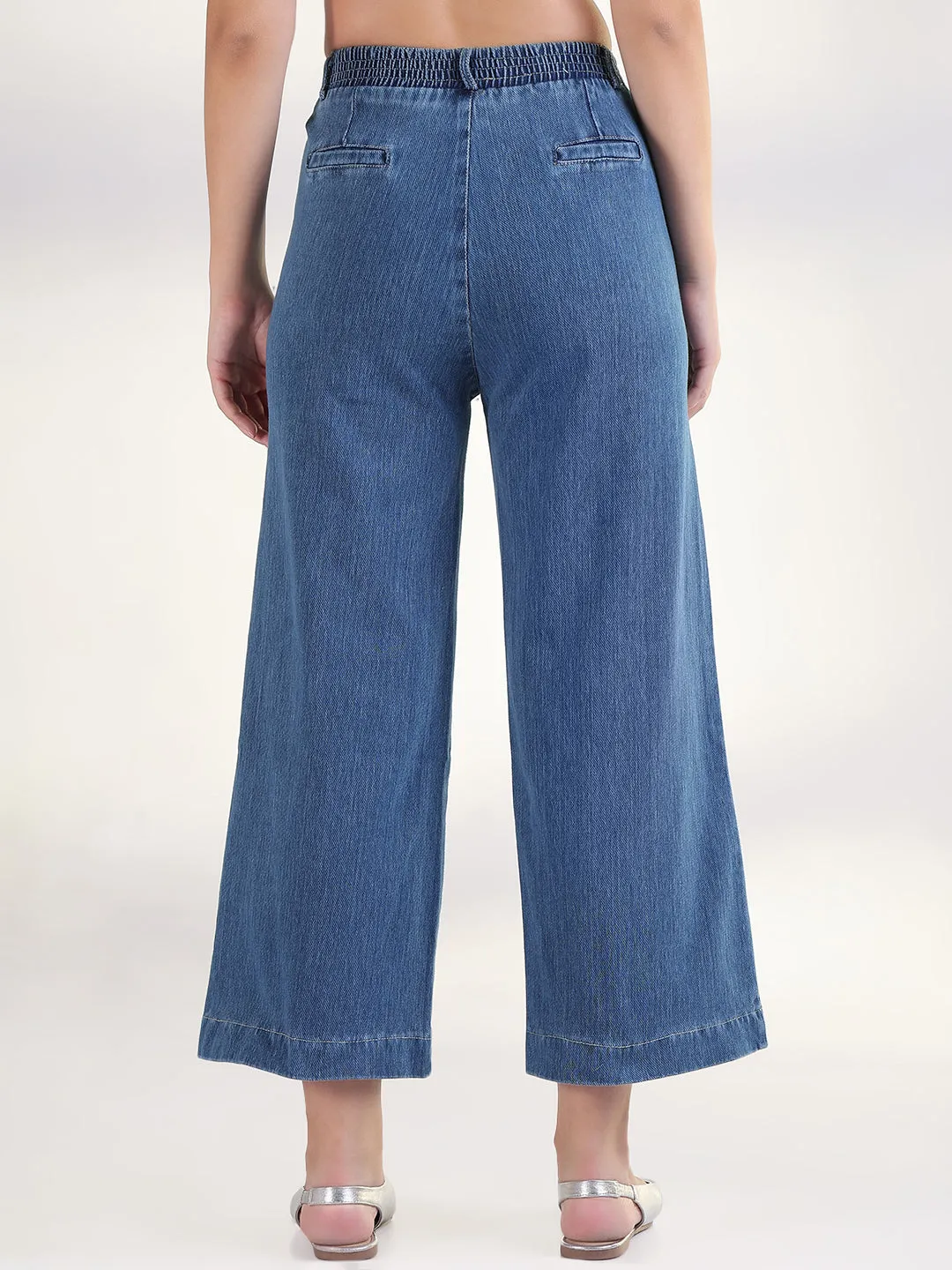 Women's Blue Solid Wide Leg Jeans Ready Choice