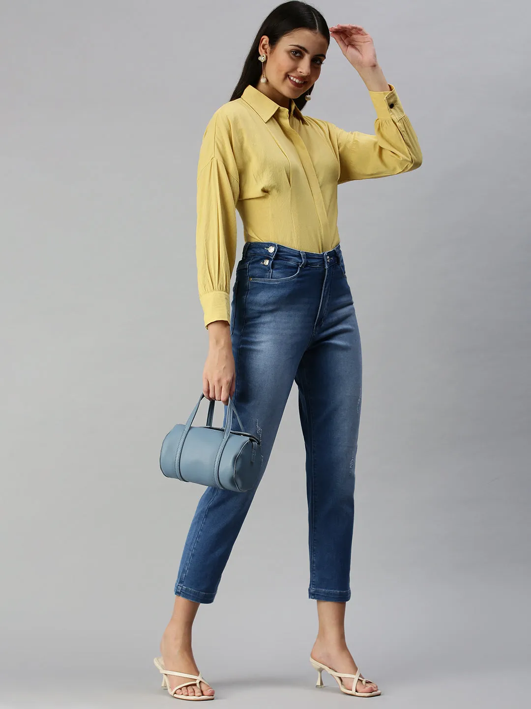 Weighted Hemline Stretch Free Fit Women's Blue Straight Fit High-Rise Low Distress Light Fade Stretchable Denim Jeans