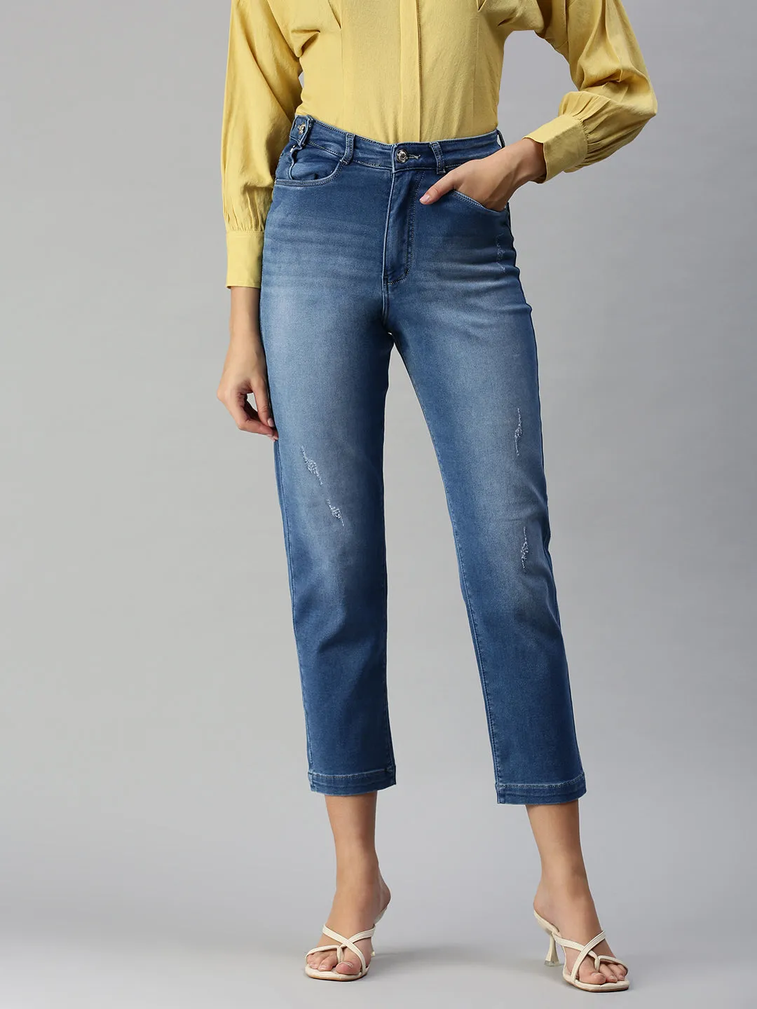 Bold Traveler Gear Women's Blue Straight Fit High-Rise Low Distress Light Fade Stretchable Denim Jeans