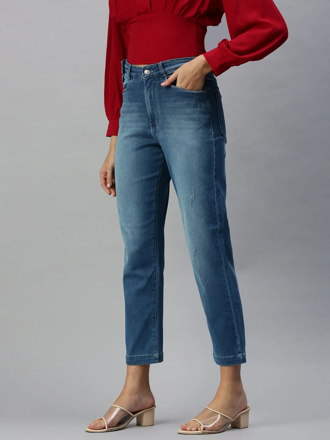 Women's Blue Straight Fit High-Rise Low Distress Light Fade Stretchable Denim Jeans No Fuss Fit Effortless Comfort