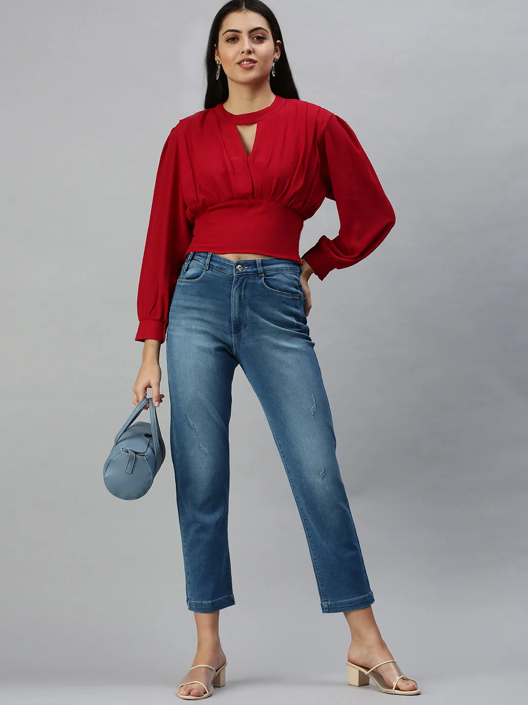 school wear High Quality Classic Wear Earthy Women's Blue Straight Fit High-Rise Low Distress Light Fade Stretchable Denim Jeans