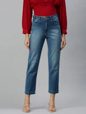 Women's Blue Straight Fit High-Rise Low Distress Light Fade Stretchable Denim Jeans Comfortable Outfit