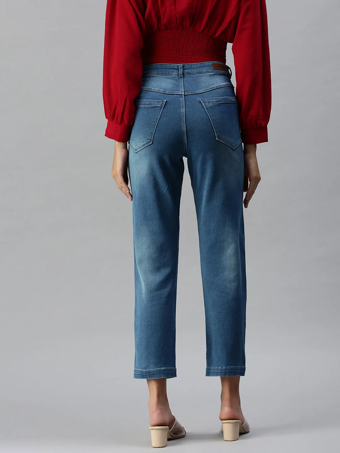 Smart Basic Women's Blue Straight Fit High-Rise Low Distress Light Fade Stretchable Denim Jeans